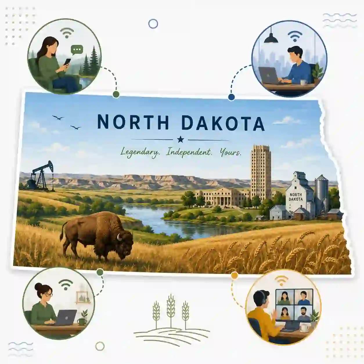 North Dakota state map with icons for mobile, office, remote team and call center connected to a central phone pin